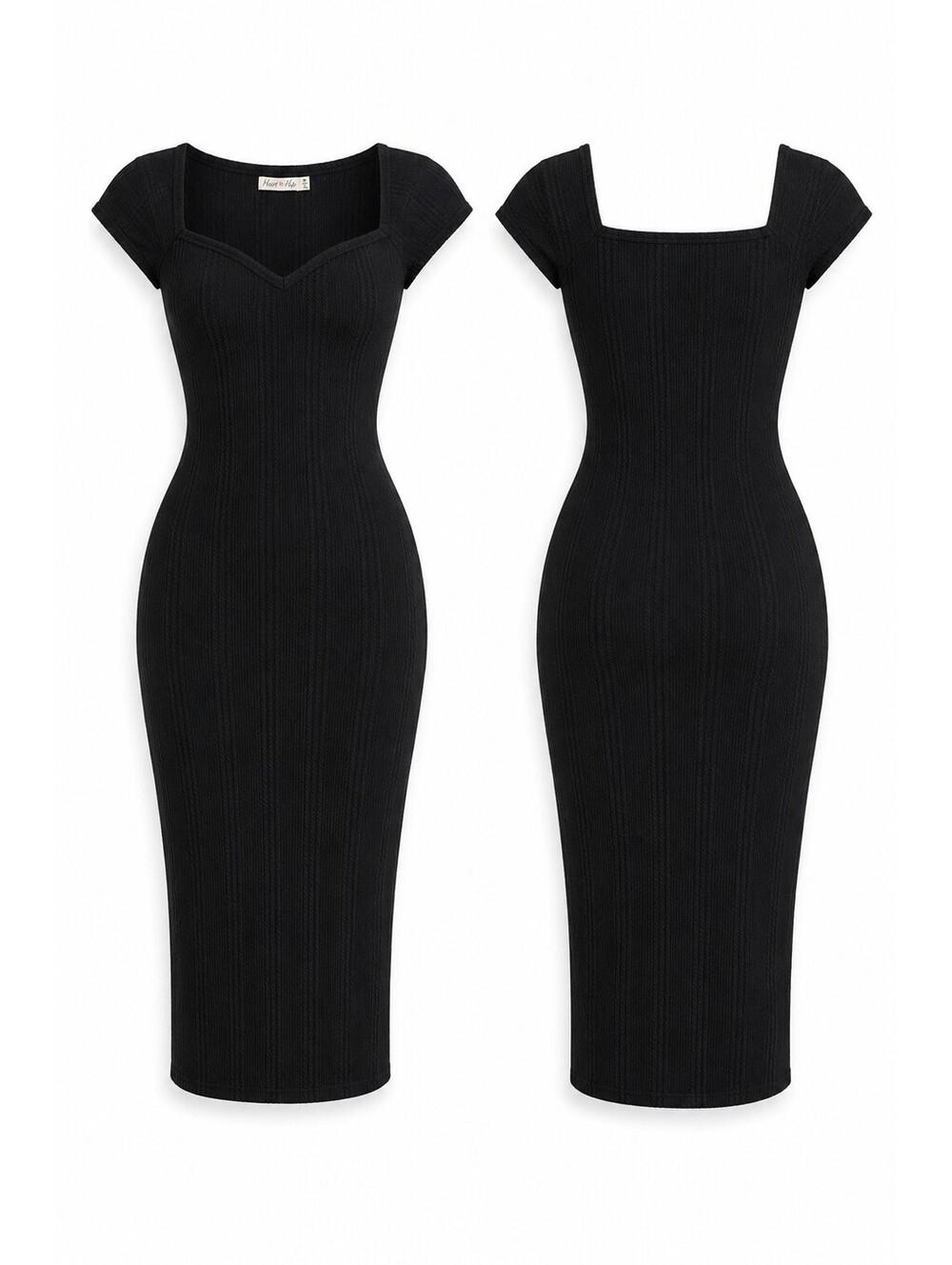Heart & Hips Black Ribbed Knit Midi Dress with Sweetheart Neckline and Cap Sleev